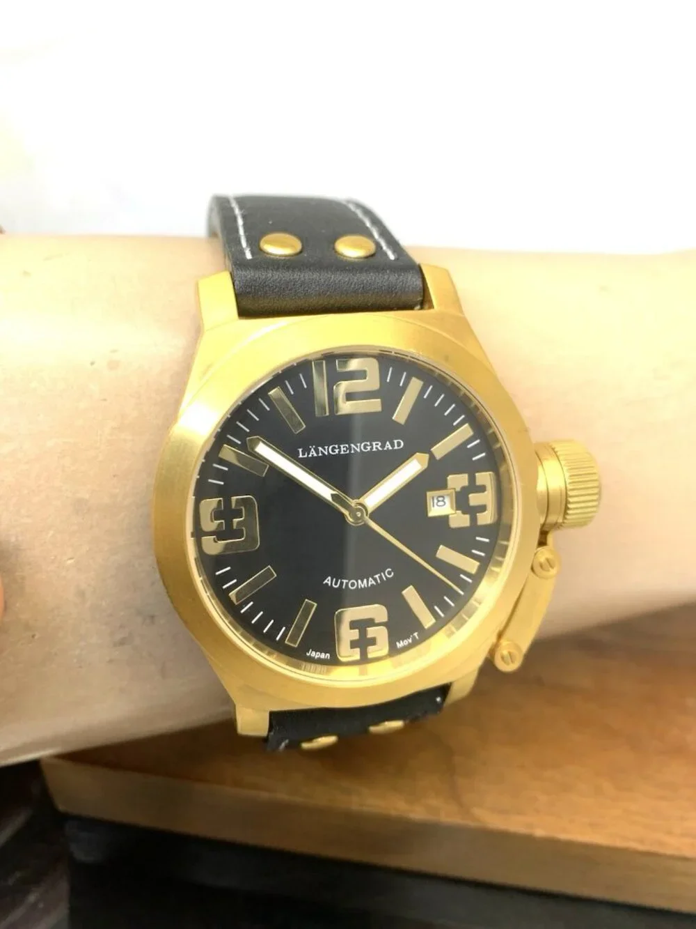 Längengrad Men's Watch 121 Automatic Gold Black Dial Date Leather Strap 44mm